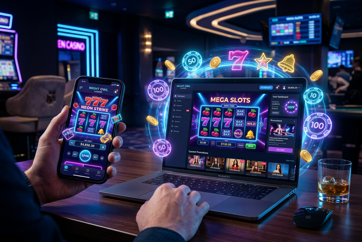 Moderní digitální rozhraní online kasina s mobilním telefonem a neonovými prvky